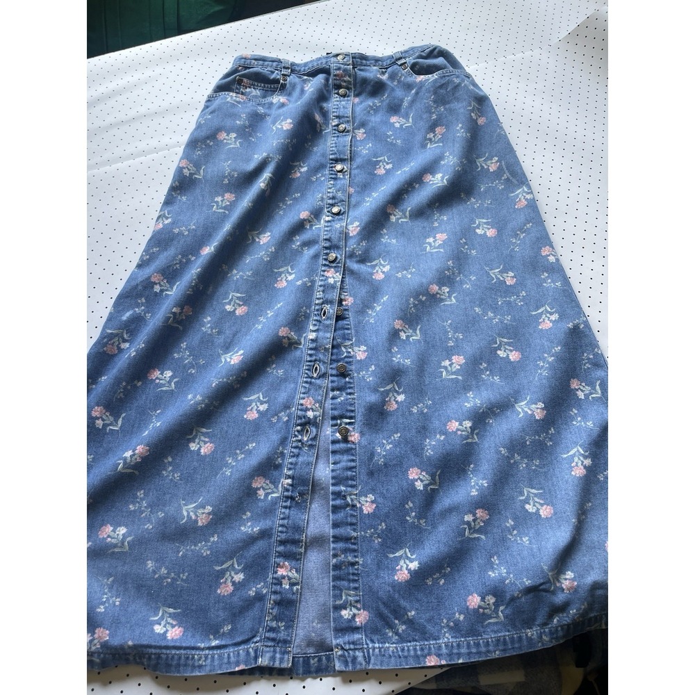 Vintage Crazy Horse Floral Denim Button Front Maxi Skirt Cottagecore